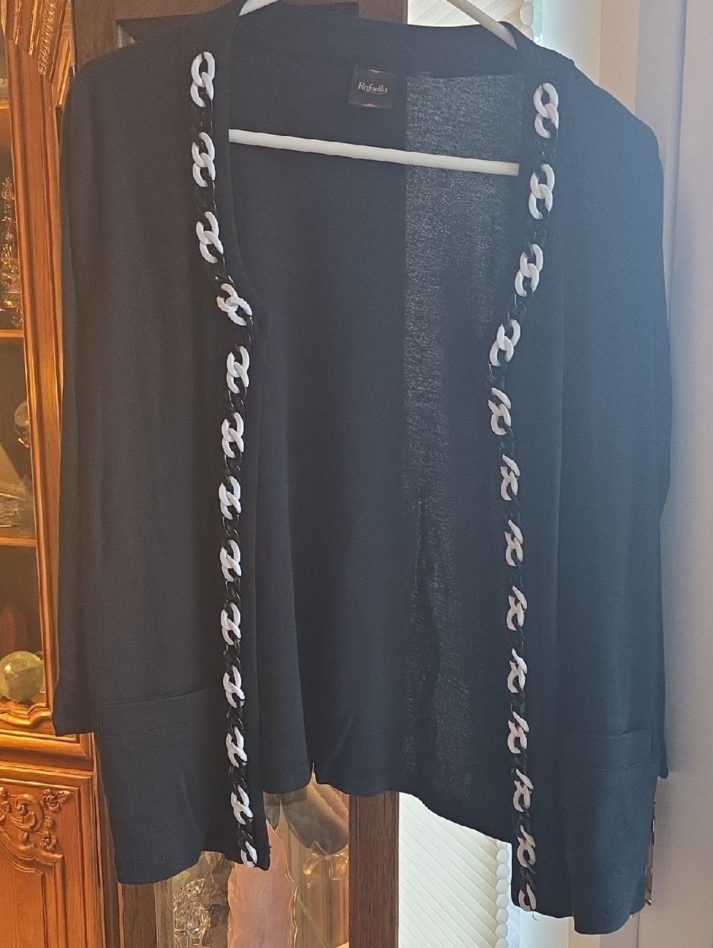 Rafaella Black Open-Front Cardigan with White Chain Trim